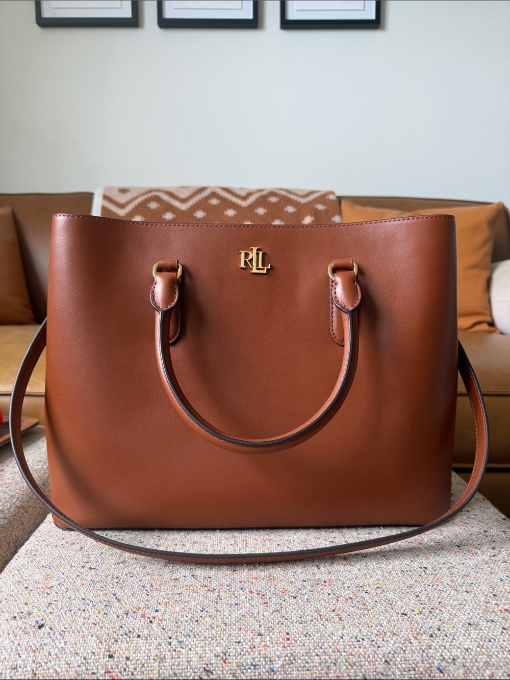 LAUREN Ralph Lauren Cognac Leather Tote with RL Gold Logo